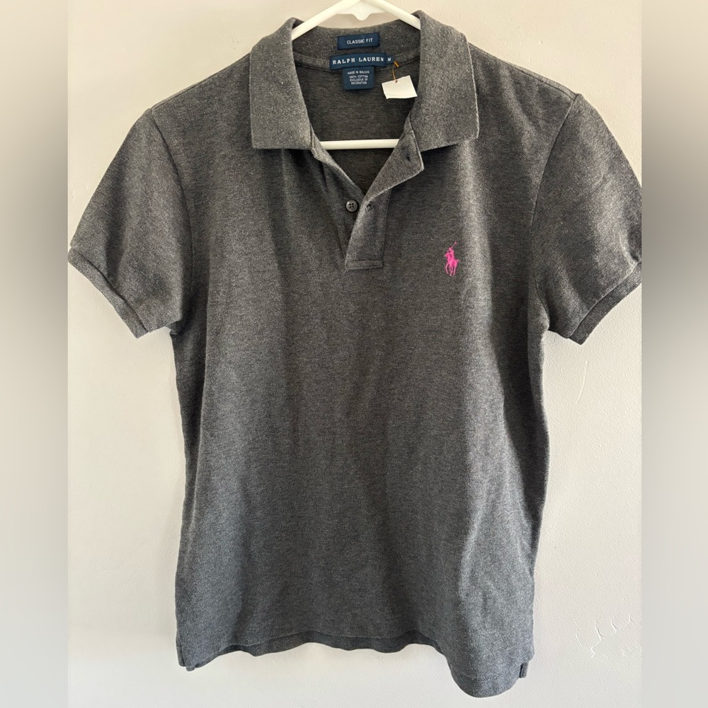 Women’s Gray Ralph Lauren Classic Fit Polo with Pink Pony Size Medium